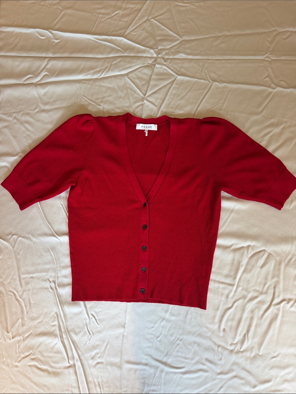 Frame Denim Bright Red Short-Sleeve V-Neck Button Cardigan